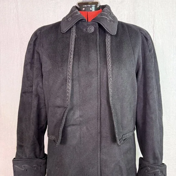 Vtg Lorovi Black Wool Coat Cape Collar Trim Elegant Overcoat Check Measurements - Picture 3 of 11